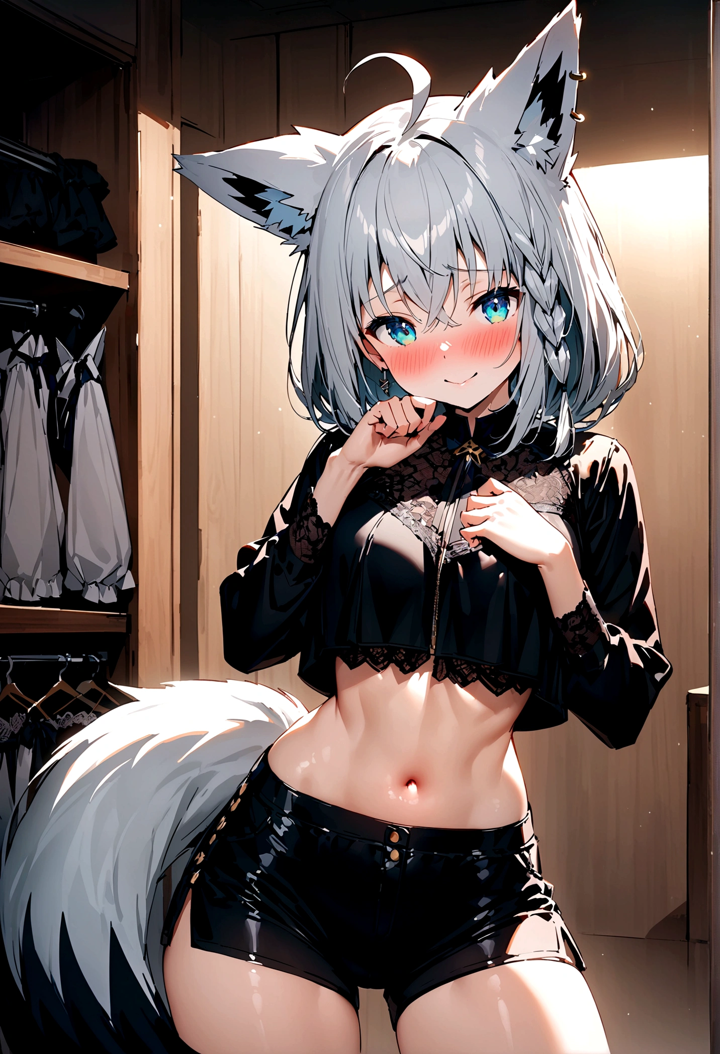 NSFW,masterpiece,Highest quality,High resolution,Super detailed,Shirakami Fubuki\(Hololive\),Gray Hair、One-sided braid、Ahoge、Earrings,Fox ears,Fox tail,Cropped jacket,Crop top shirt,Low-rise shorts,Embarrassed,blush,Expecting face,Seduce,smile,Lingerie Shop,Underwear section,Luxurious Room,Shy Pose,Date