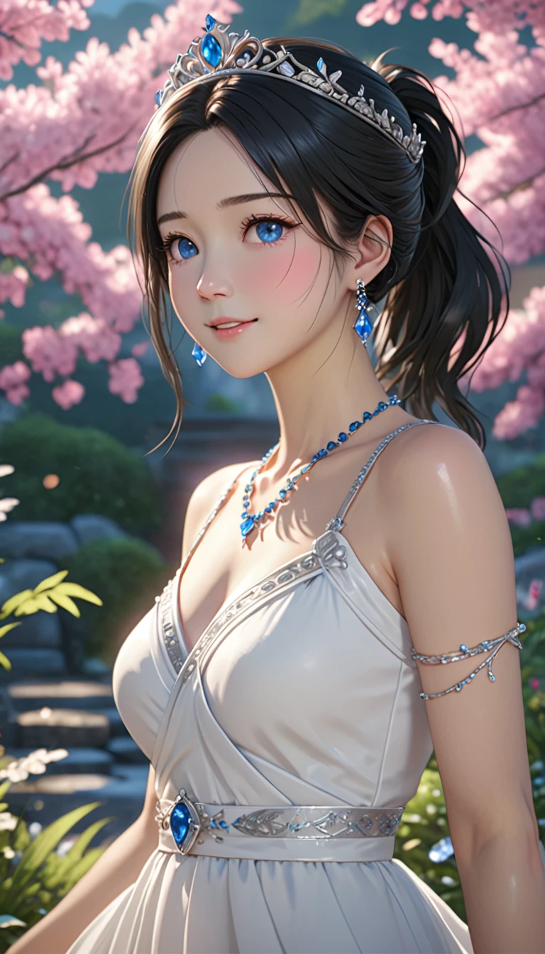 National Science Foundation,masterpiece,High resolution,8K,art,refer,3d,realism,Kyoto Animation Style,Your Name movie style,Looking into the camera,Soft Light,Glowing Skin,超High resolution, Attention to detail, High resolution, 8K, 16K, high quality, 最high quality, Super detailed, Textured skin, masterpiece, Accurate, Anatomically correct, Awards,(1 female: 1.3),(alone: 1.4),Beautiful gardens,(((Black Hair))),美しいBlack Hair,(Ponytail Hair),(Greek white dress: 1.4),(Wearing a queen dress: 1.5),(Mid length),(The Queen's Tiara: 1.5),(Crystal Hairpin),(Crystal Necklace),(Crystal Earrings),(Crystal Bracelet),(Crystal Ring),Long eyelashes,Thin legs,(Full body close-up),(Starry Eyes),beautiful and detailed eyes,(blue eyes),Watery eyes,(blush),(shy),Smiling woman,Shy face,