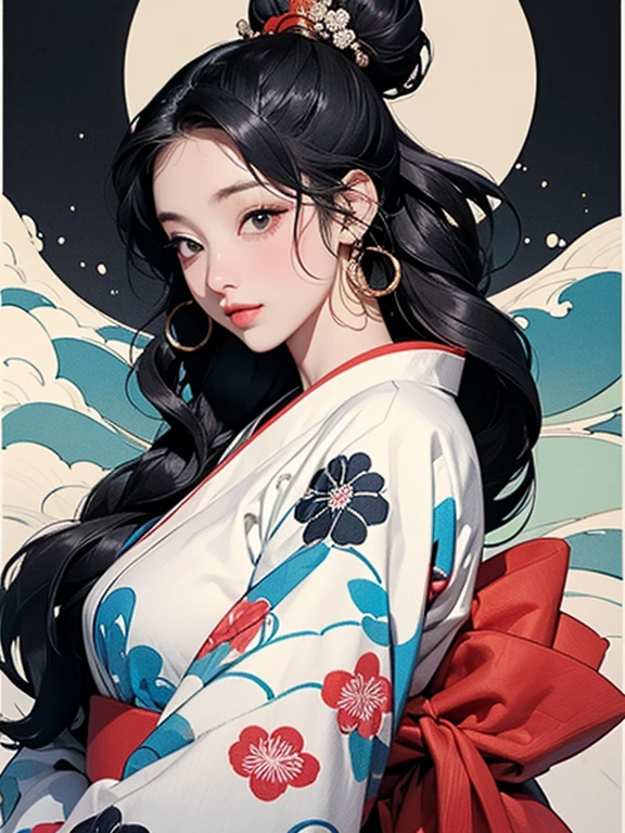 (Highest quality、masterpiece、High resolution、8K)、Ukiyo-e、Vibrant colors、Katsushika Hokusai、1 female、Black hair Japanese topknot、The kimono has a vivid floral pattern on a white background.、White waves and Mt. Fuji、White waves, the moon and a woman、Official Art、背景はUkiyo-e風