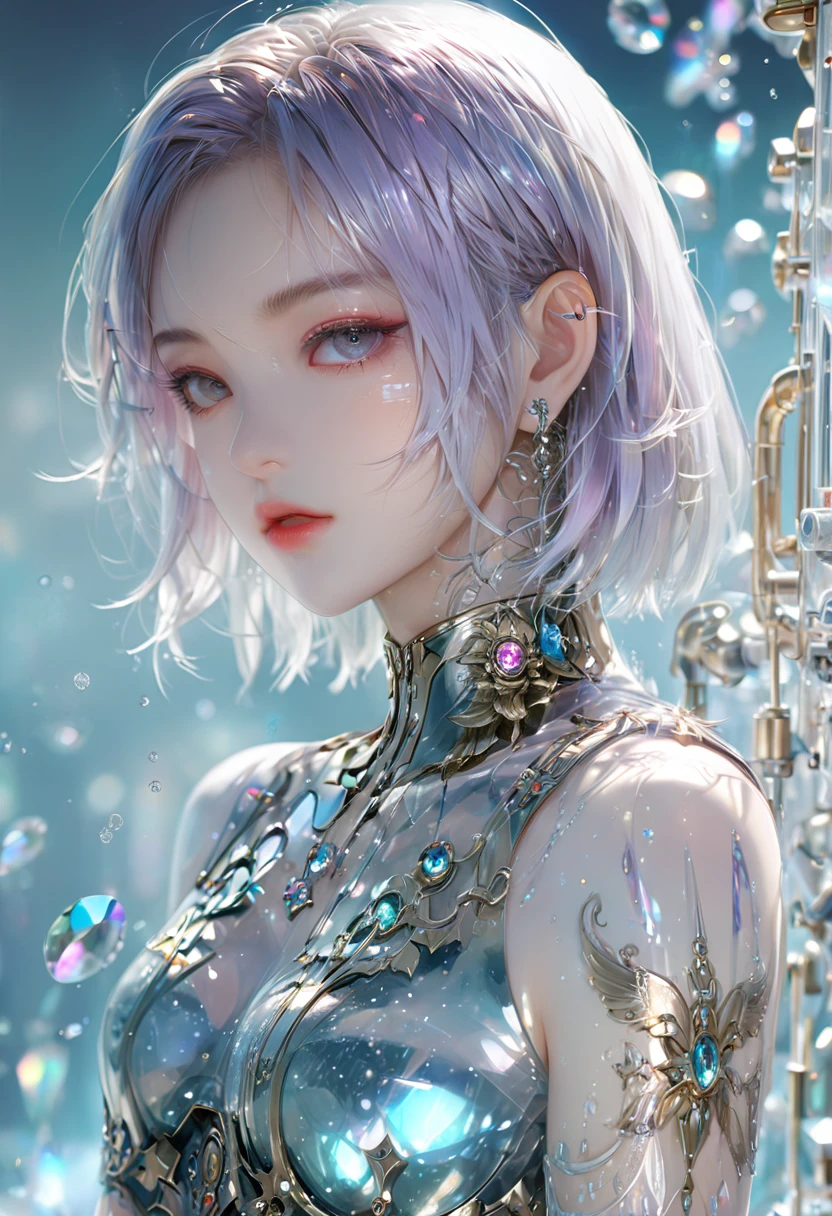 whole body，crystal covered, upper body, side shot, alternate color, masterpiece, detailed illustration, realistic, pixiv top quality, exquisite, {{{kawaii 1girl}}}, ultra beauties who fuse with machines, elaborate shabby chic pattern, glitter beautiful female, Half of my body is made of machines, transparent glass body, The machines inside the body are transparent, cinematic lighting, dynamic angle, dynamic pose, crystal world, depth of field