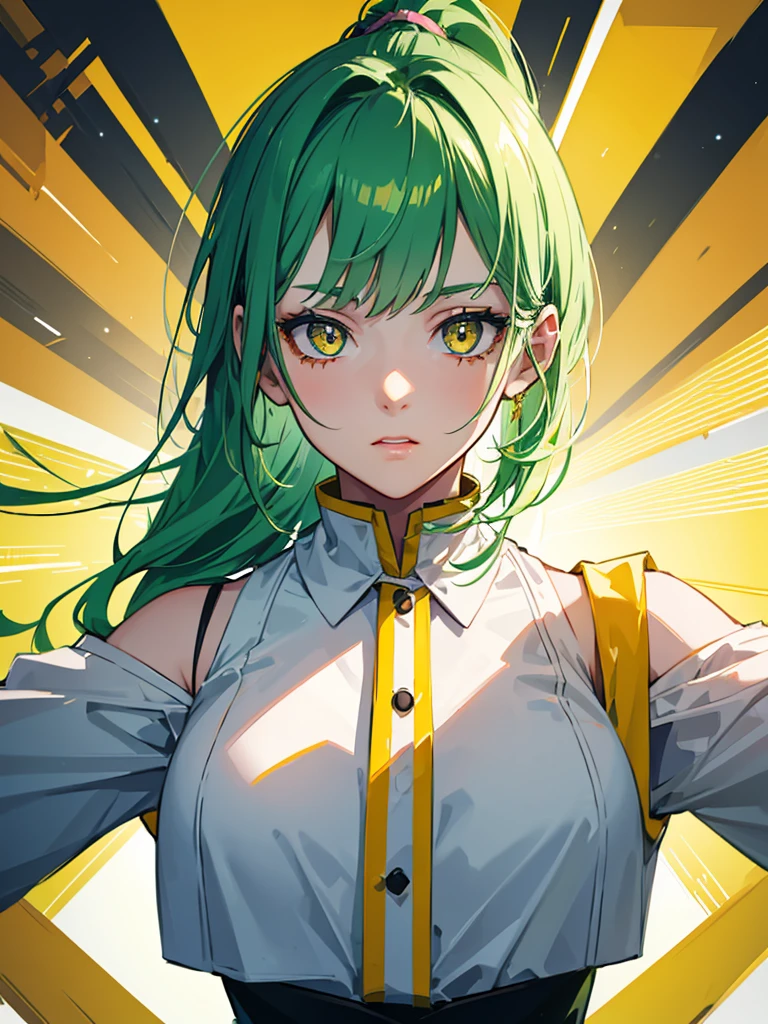 1girl,,Elementary school student,green hair,yellow eyes,ponytail,white suit,green overall,upper body,hyper detailed,cinematic lighting,highly detailed facial features,extremely detailed eyes,beautiful detailed lips,beautiful detailed nose,best quality,masterpiece