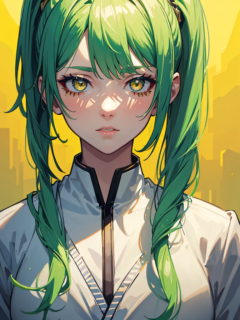 1girl,,Elementary school student,green hair,yellow eyes,ponytail,white suit,green overall,upper body,hyper detailed,cinematic lighting,highly detailed facial features,extremely detailed eyes,beautiful detailed lips,beautiful detailed nose,best quality,masterpiece
