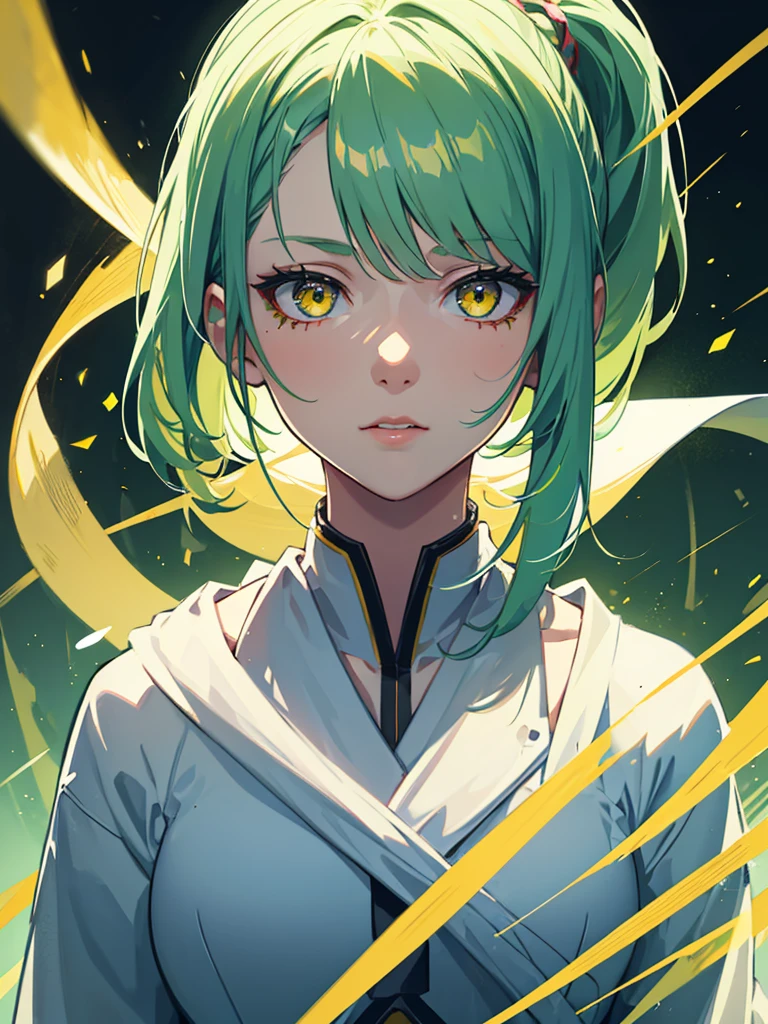 1girl,,,green hair,yellow eyes,ponytail,white suit,green overall,upper body,hyper detailed,cinematic lighting,highly detailed facial features,extremely detailed eyes,beautiful detailed lips,beautiful detailed nose,best quality,masterpiece