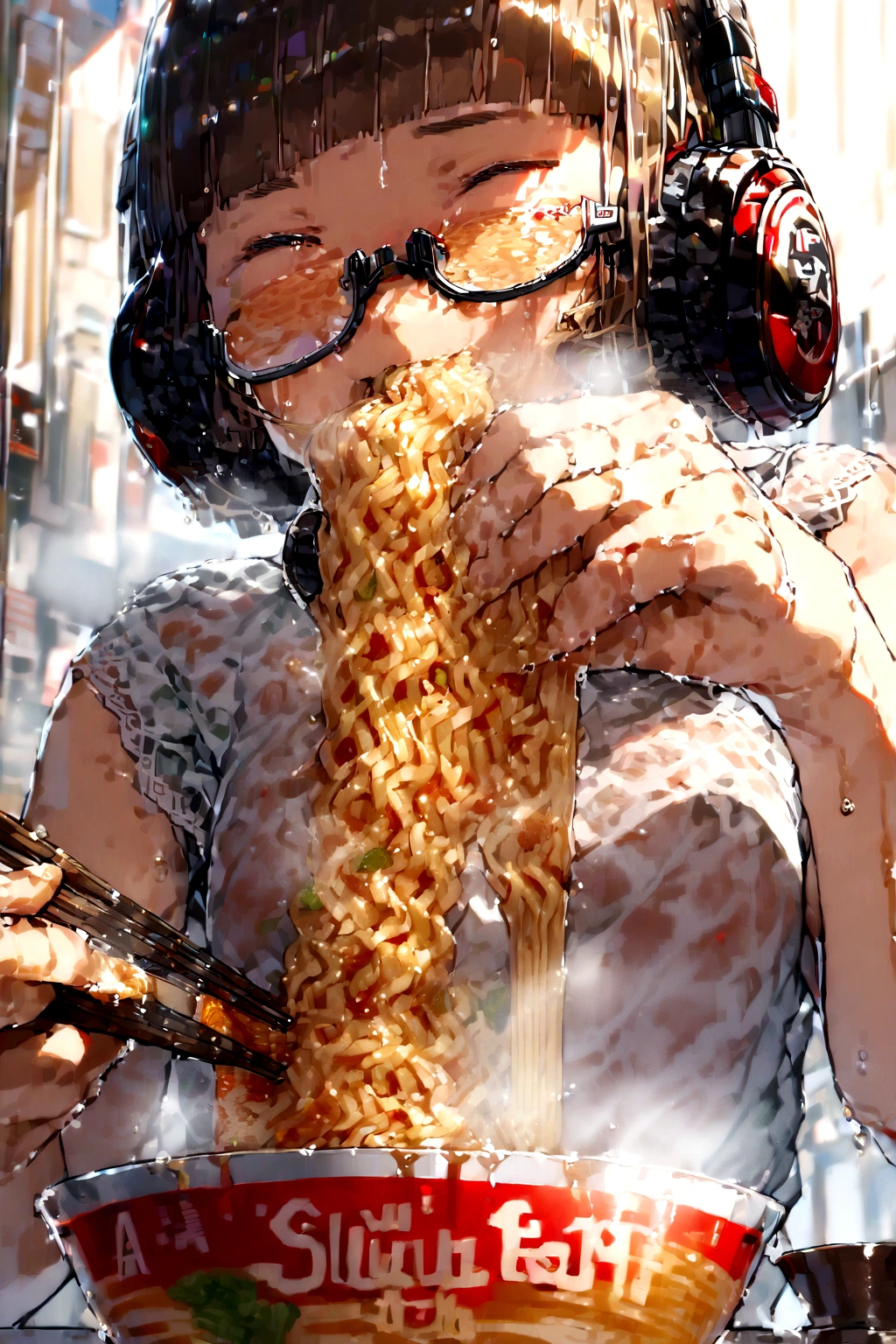 (extremely detailed fine touch:1.3), solo, 1girl, (((semi-rimless eyewear:1.3))), (headphone:1.2), short hair, blunt bangs, white shirt, bare arms, sweaty, Girl eating noodles with chopsticks, A with a slurping ramen