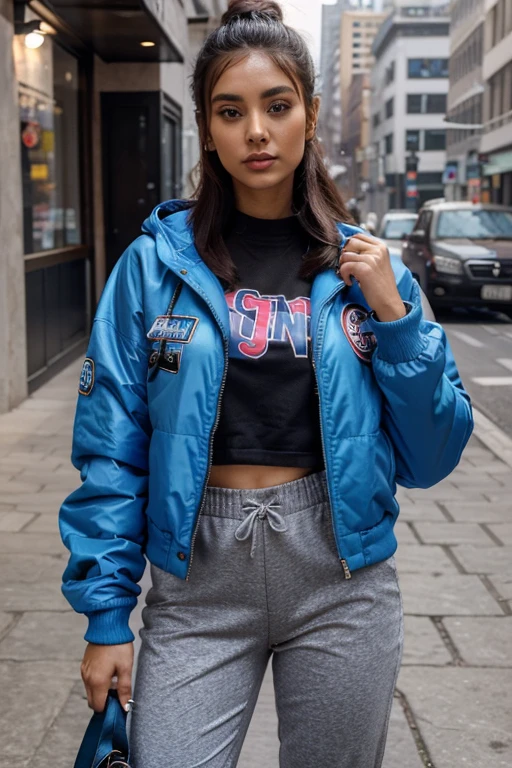 27yrs old female Influencer that wear different set of blue jacket on hoodies trouser holding a product