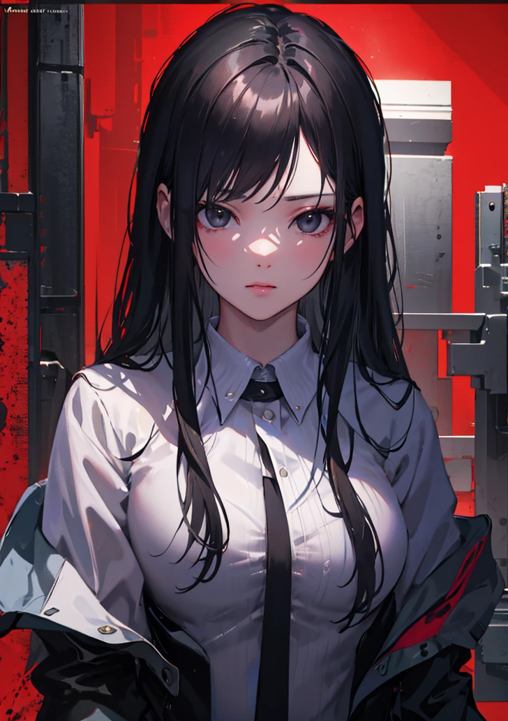 beautiful woman in business suit, long black hair, black eyes, looking at viewer, red background, intricate details, hyperrealistic, 8k, octane render, chiaroscuro lighting, cinematic composition, dramatic atmosphere, digital art