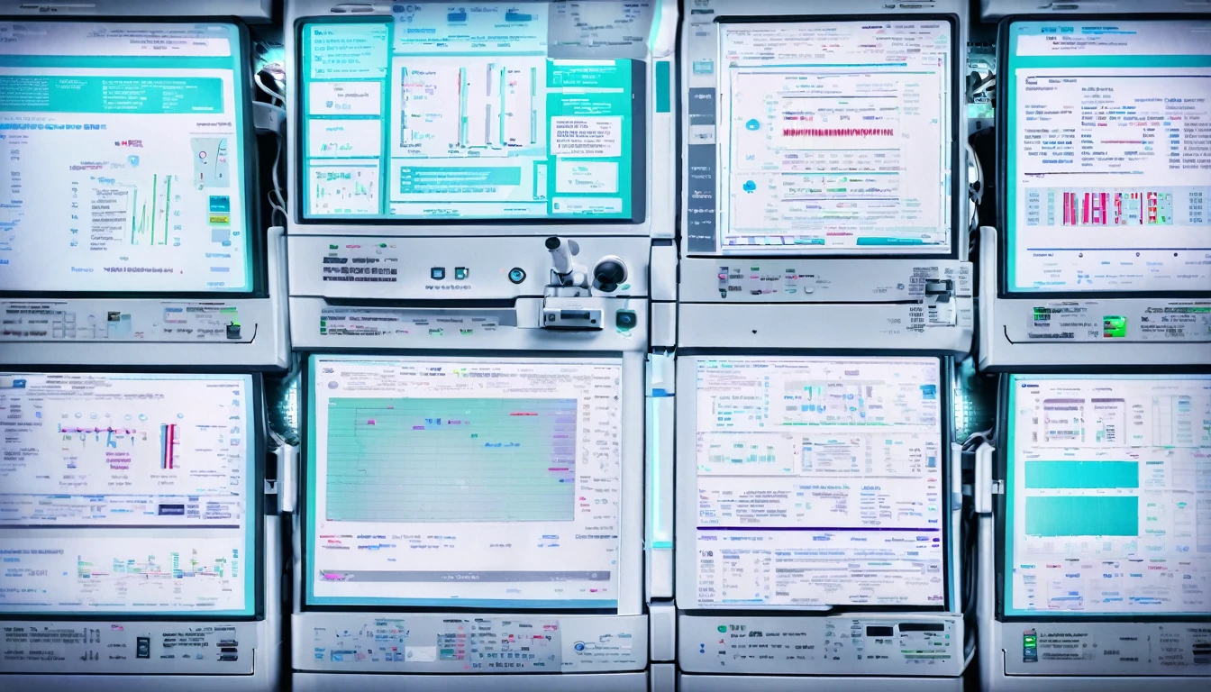 Wall close-up photography, Take a photo straight-on facing the wall. A futuristic clinic features monitors displaying medical and chemical data.。Bright spot with white walls, Scientific research, The camera is parallel