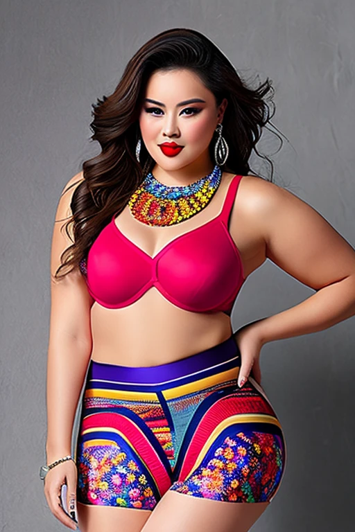 Overweight, best quality, masterpiece, sleeveless tee, Tight, belly button exposed, H-shaped skirt that reveals more than 10cm above the knees, High heels that are very flashy and have a heel of more than 7 cm., large, colorful necklace, large and colorful earrings, large and colorful bracelets, Stockings with colorful and unconventional colors and patterns, Underwear with flashy and unconventional colors, patterns and shapes