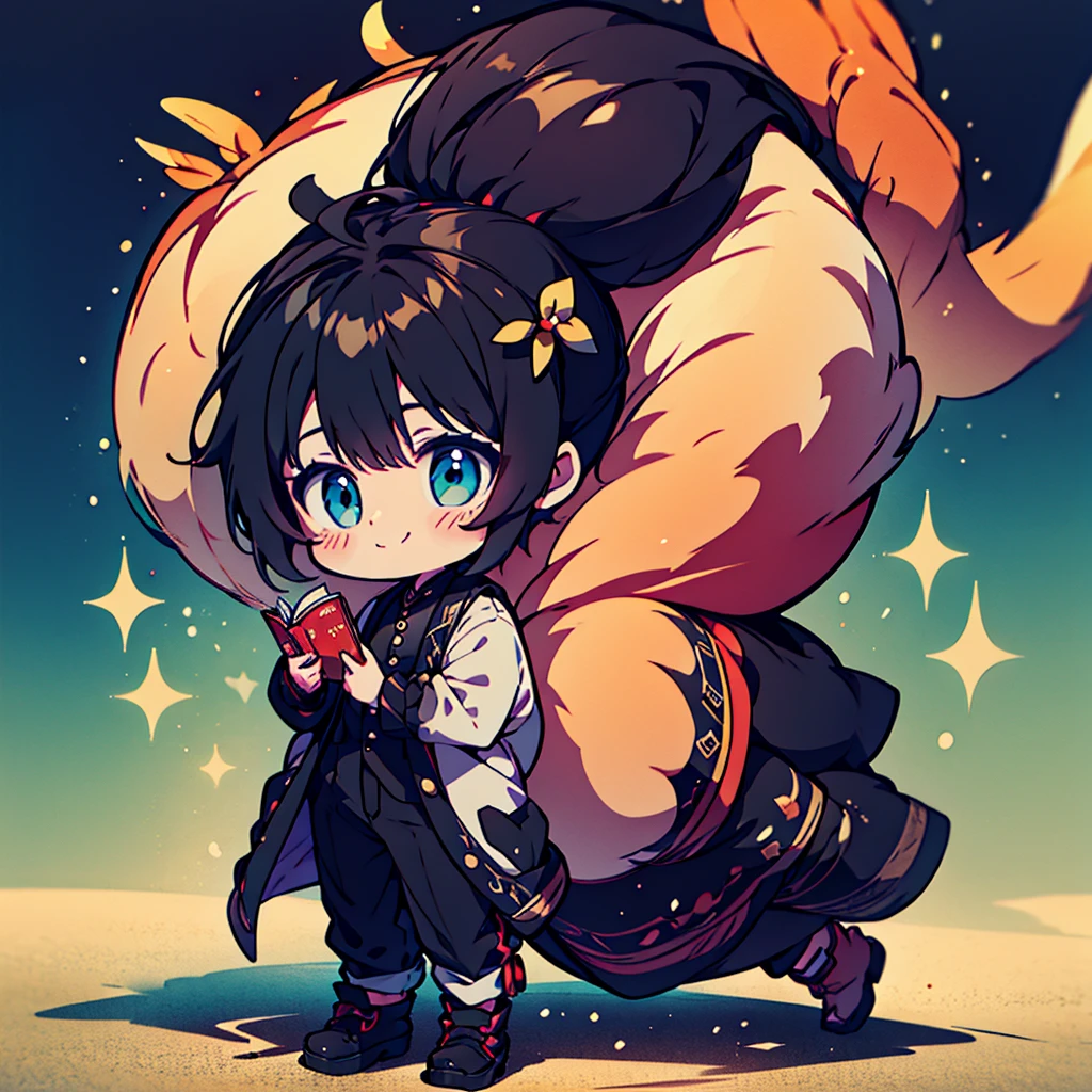 best quality , man , reading , chibi anime man , smile , black hair , suit , solo