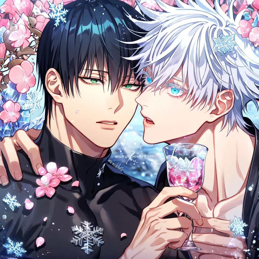 Ultra detailed, HDR, Highres, absurdres, master piece, Fushiguro Touji, black straight hair, expressive green eyes, Gojou Satoru, white hair with bangs, expressive blue eyes, white eyelashes, Jujutsu Kaisen, two sexy man together, gay couple, yaoi, handsome, glass, ice glittering butterflies, ice, petals, pink ice glass flowers, cute, glittering, water, fantasy, magical, snowflakes, cold, black tight shirt, toned chest