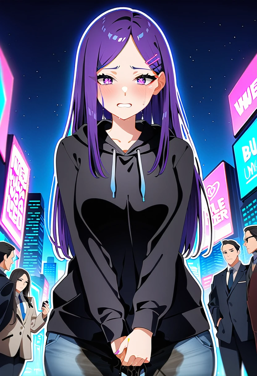 (masterpiece:1.37), best quality, (extremely detailed:1.37), woman, (mature:1.5), (adult:1.5), large breasts, very long hair, (straight hair:1.5), dark purple hair, purple eyes, (extremely detailed eyes:1.37), hoodie, jeans, desperation, (wetting self:2.0), standing, embarrassed, humiliation, blushing, angry, city, futuristic, neon lighting, high-tech, street