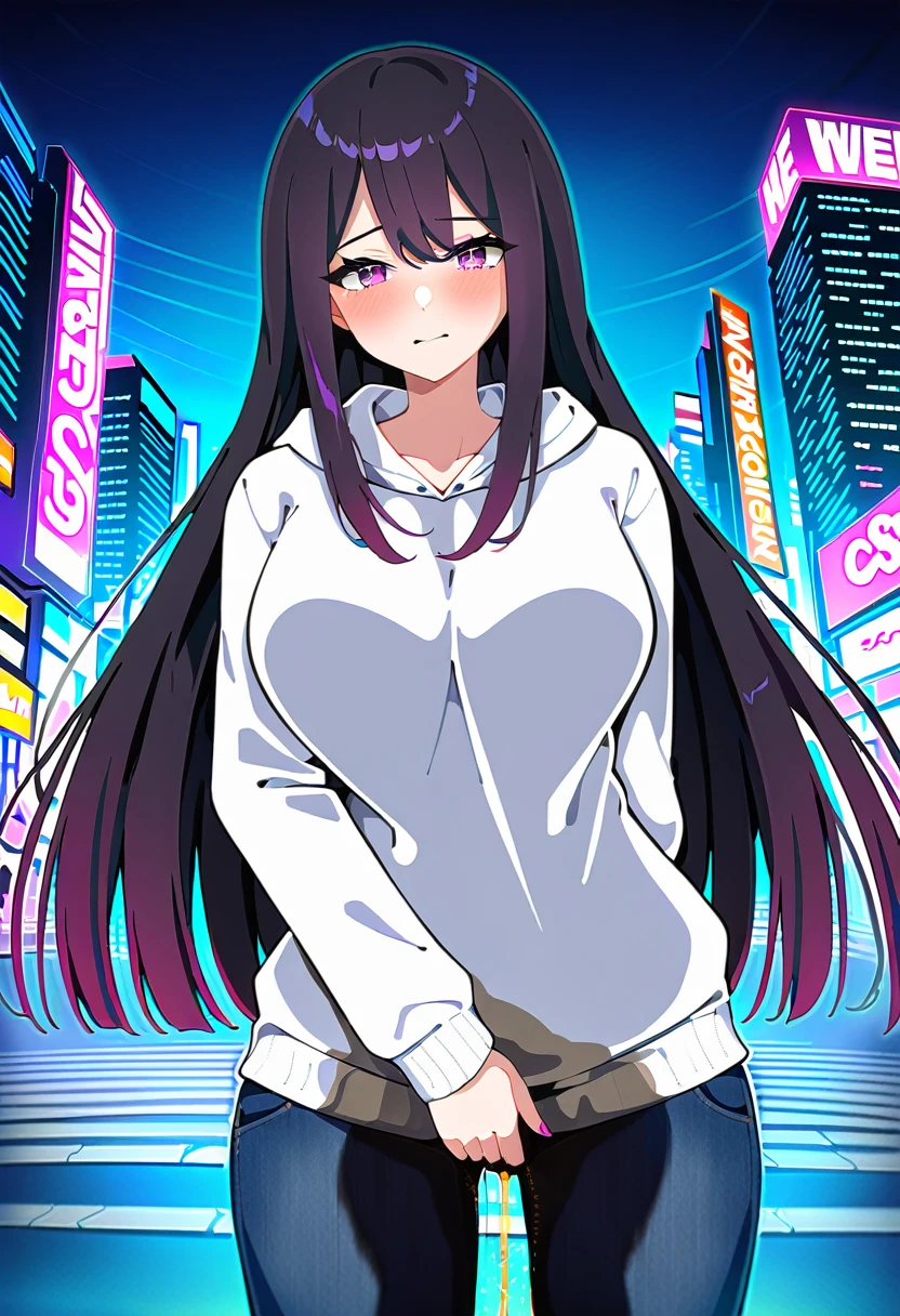 (masterpiece:1.37), best quality, (extremely detailed:1.37), woman, (mature:1.5), (adult:1.5), large breasts, very long hair, (straight hair:1.5), dark purple hair, purple eyes, (extremely detailed eyes:1.37), hoodie, jeans, desperation, (wetting self:2.0), standing, embarrassed, humiliation, blushing, angry, city, futuristic, neon lighting, high-tech, street