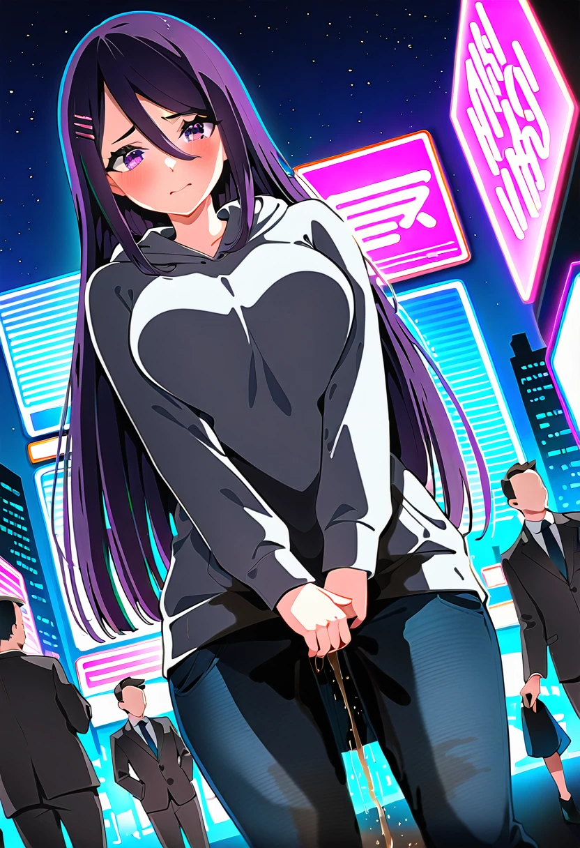 (masterpiece:1.37), best quality, (extremely detailed:1.37), woman, mature, adult, large breasts, very long hair, (straight hair:1.5), dark purple hair, purple eyes, (extremely detailed eyes:1.37), crop top, cleavage, navel, jeans, open fly, (groin:1.25), desperation, (wetting: self 3.0), standing, city, futuristic, neon lighting, high-tech, street