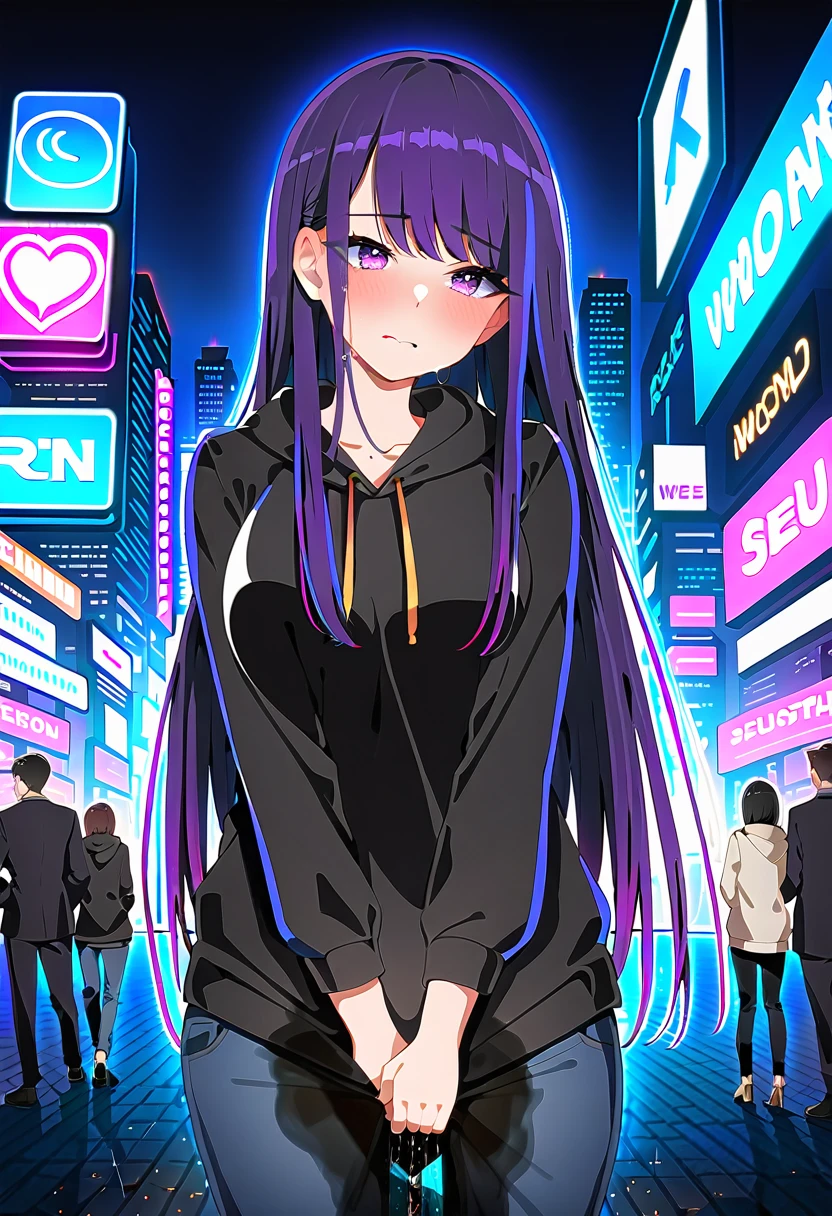 (masterpiece:1.37), best quality, (extremely detailed:1.37), woman, (mature:1.5), (adult:1.5), large breasts, very long hair, (straight hair:1.5), dark purple hair, purple eyes, (extremely detailed eyes:1.37), hoodie, jeans, desperation, (wetting self:2.0), standing, embarrassed, humiliation, blushing, angry, city, futuristic, neon lighting, high-tech, street