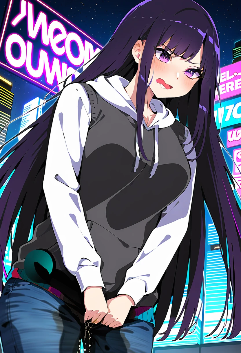 (masterpiece:1.37), best quality, (extremely detailed:1.37), woman, (mature:1.5), (adult:1.5), large breasts, very long hair, (straight hair:1.5), dark purple hair, purple eyes, (extremely detailed eyes:1.37), hoodie, jeans, desperation, (wetting self:2.0), standing, embarrassed, humiliation, blushing, angry, city, futuristic, neon lighting, high-tech, street