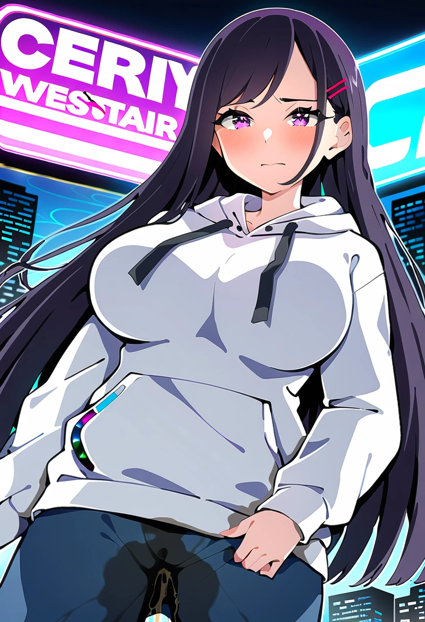 (masterpiece:1.37), best quality, (extremely detailed:1.37), woman, (mature:1.5), (adult:1.5), large breasts, very long hair, (straight hair:1.5), dark purple hair, purple eyes, (extremely detailed eyes:1.37), hoodie, jeans, desperation, (wetting self:2.0), standing, embarrassed, humiliation, blushing, angry, city, futuristic, neon lighting, high-tech, street