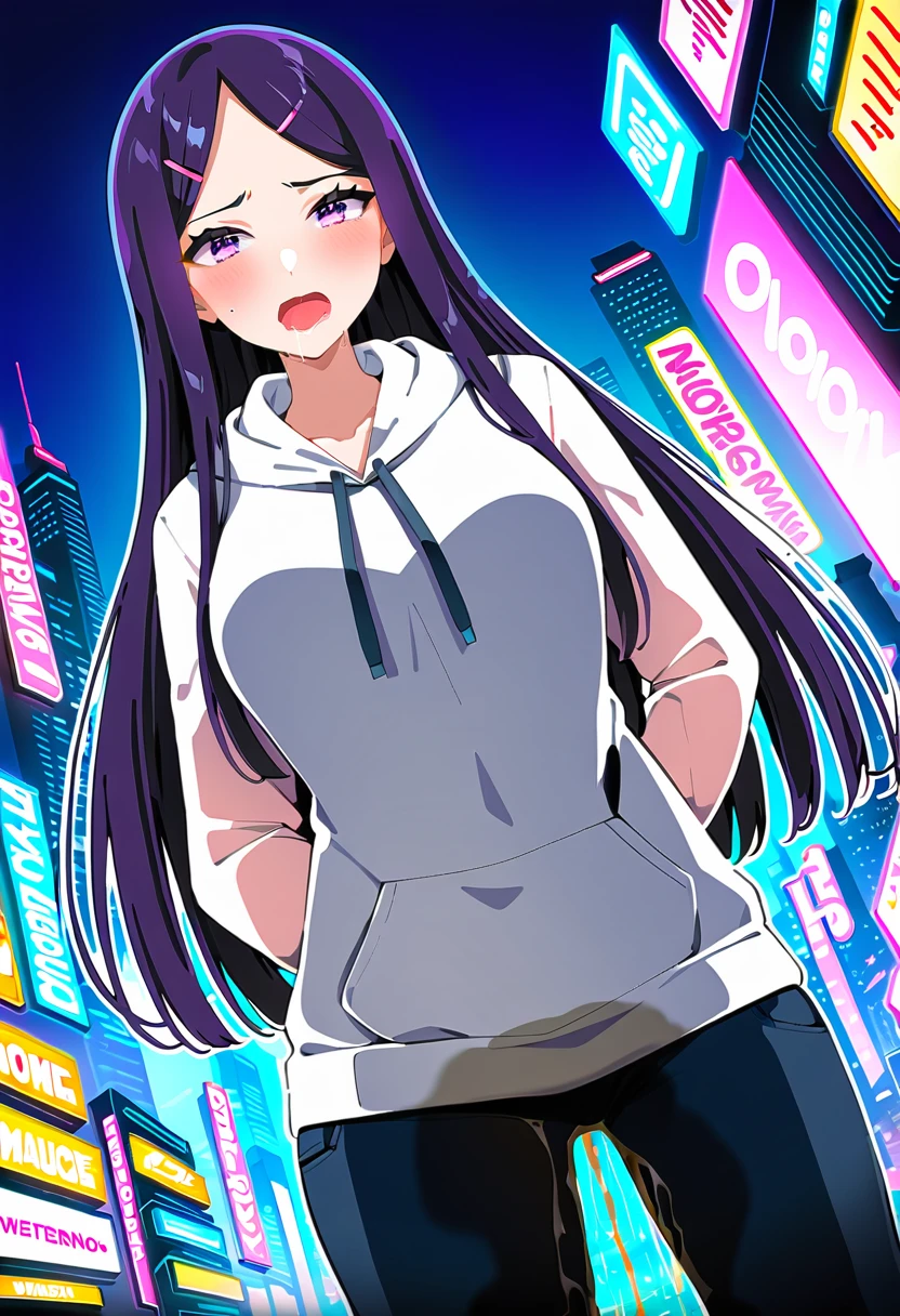 (masterpiece:1.37), best quality, (extremely detailed:1.37), woman, (mature:1.5), (adult:1.5), large breasts, very long hair, (straight hair:1.5), dark purple hair, purple eyes, (extremely detailed eyes:1.37), hoodie, jeans, desperation, (wetting self:2.0), standing, embarrassed, humiliation, blushing, angry, city, futuristic, neon lighting, high-tech, street