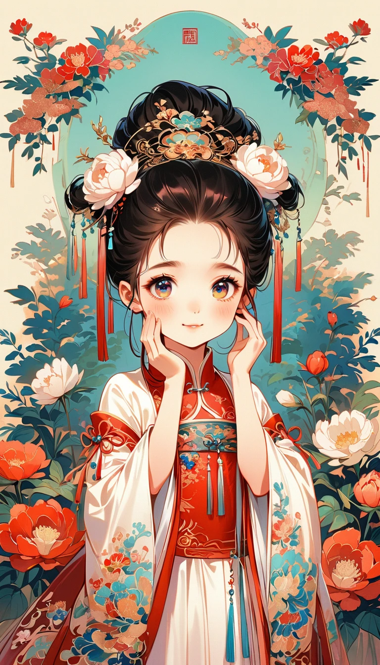 A beautiful young 5 years old little girl in traditional Chinese attire, sweet smile, from front, eyes look at other side, hands put on the face and shy, fashion pose, charming and attractive sexy pose, surrounded by a lush garden. gazing at it with gentle eyes. The woman's hair is styled in an elaborate updo adorned with flowers and traditional ornaments. Her dress is elegant, pink and white color tone, featuring fine silk with floral embroidery. The garden is in full bloom, with peonies and other flowers providing a backdrop. The scene captures the serenity and beauty of classical Chinese art, with a touch of nature harmony, (((Ultra-high saturation, high natural saturation, extremely bright colors)))