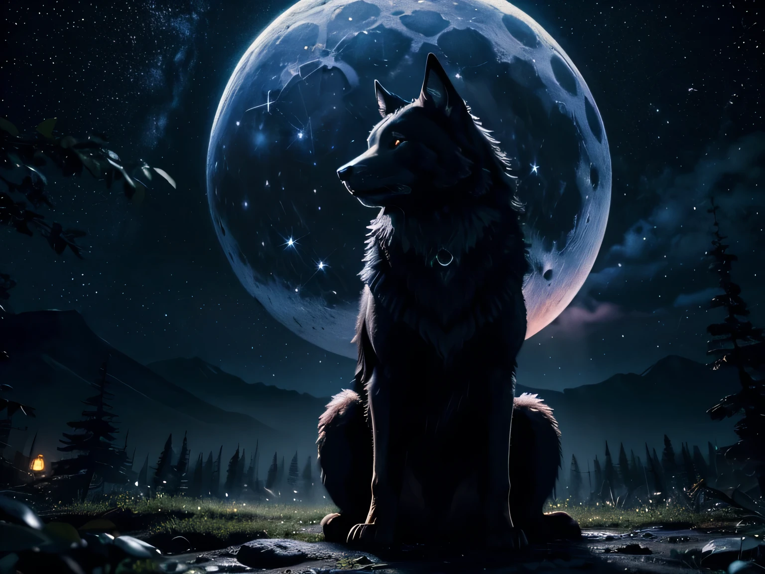 loba mãe terra ((oil painting, sharp focus)), vivid colors, moonlit landscape, dense forest, howling under the moonlight, mesmerizing view, glowing eyes, nighttime atmosphere, majestic posture, isolated silhouette, shadows and highlights, ominous presence, distant twinkling stars, tranquil ambiance, cores fortes, brilho luz, (best quality,4k,8k,highres,masterpiece:1.2),ultra-detailed,(realistic,photorealistic,photo-realistic:1.37