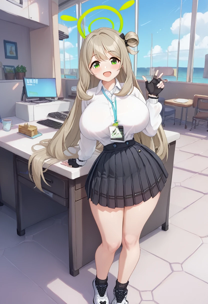 1girl, solo, masterpiece, best quality, detailed, narrow waist, wide hips, huge breasts, huge ass, score_9, score_8_up, score_7_up, nonomi-default, smile, nonomi \(blue archive\), green eyes,brown hair,long hair,single hair ring,halo,(white shirt:1.3),pleated skirt,fingerless gloves,sneakers, from behind, ass