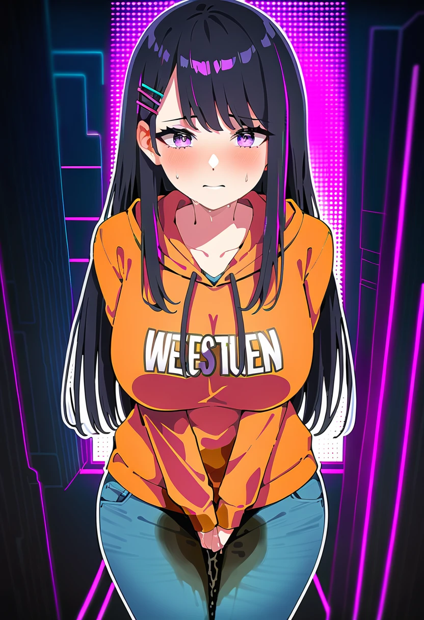 (masterpiece:1.37), best quality, (extremely detailed:1.37), woman, (mature:1.5), (adult:1.5), large breasts, very long hair, (straight hair:1.5), dark purple hair, purple eyes, (extremely detailed eyes:1.37), hoodie, jeans, desperation, (wetting self:2.0), standing, embarrassed, humiliation, blushing, angry, city, futuristic, neon lighting, high-tech, street