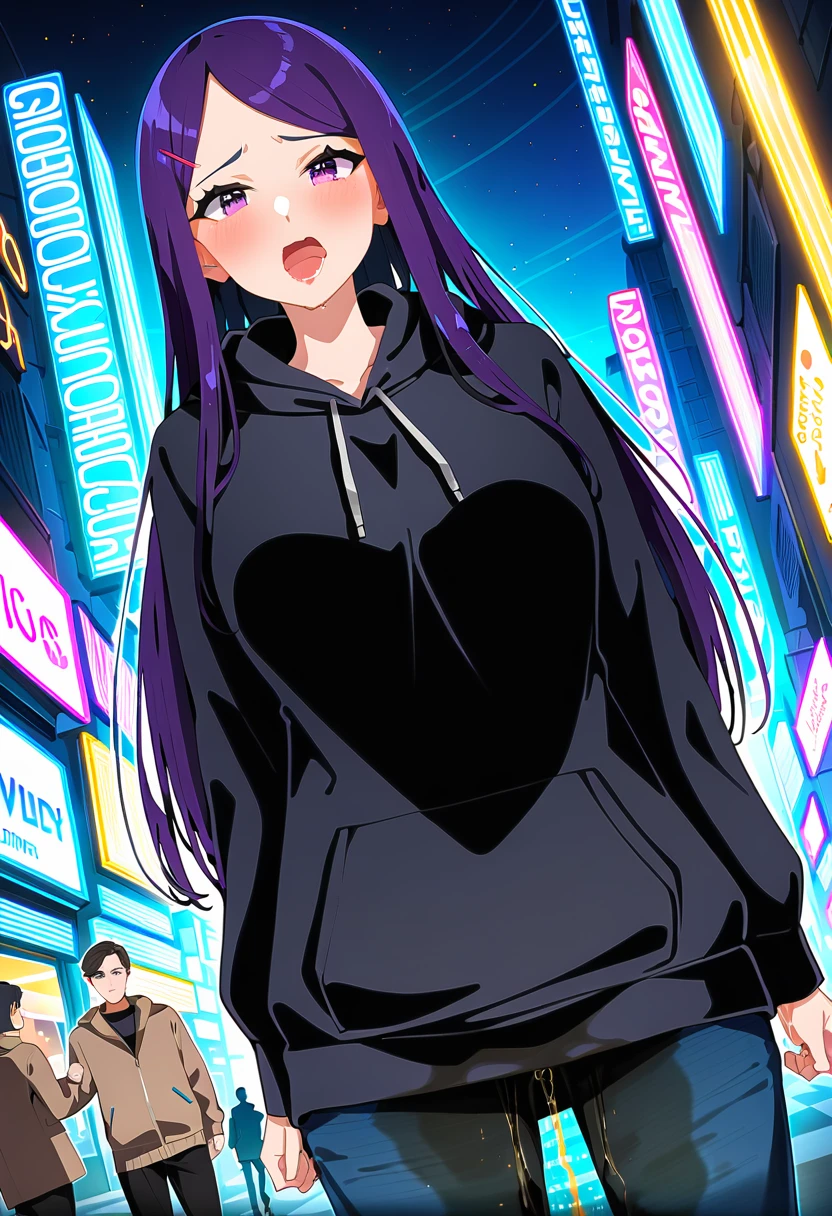 (masterpiece:1.37), best quality, (extremely detailed:1.37), woman, (mature:1.5), (adult:1.5), large breasts, very long hair, (straight hair:1.5), dark purple hair, purple eyes, (extremely detailed eyes:1.37), hoodie, jeans, desperation, (wetting self:2.0), standing, embarrassed, humiliation, blushing, angry, city, futuristic, neon lighting, high-tech, street