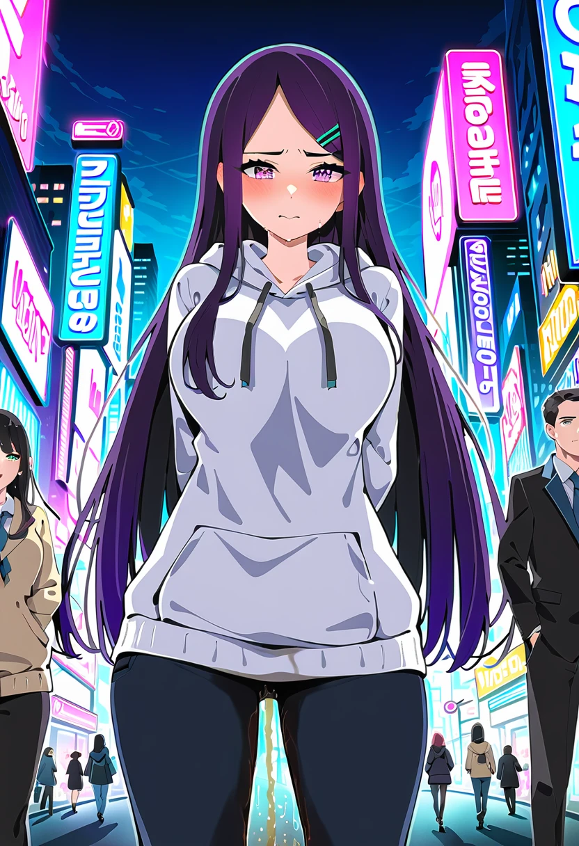 (masterpiece:1.37), best quality, (extremely detailed:1.37), woman, (mature:1.5), (adult:1.5), large breasts, very long hair, (straight hair:1.5), dark purple hair, purple eyes, (extremely detailed eyes:1.37), hoodie, jeans, desperation, (wetting self:2.0), standing, embarrassed, humiliation, blushing, angry, city, futuristic, neon lighting, high-tech, street