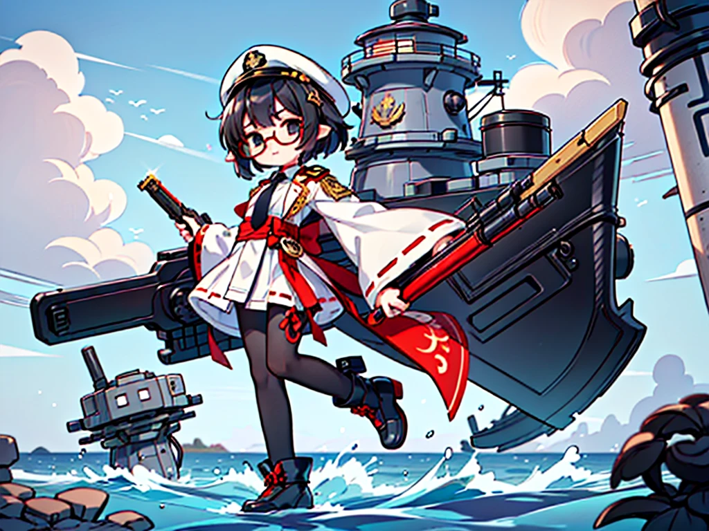(((masterpiece, Vision))), ((((Full body of a woman with perfect flat chest、1 Female、solo、Short unkempt black hair、Tie your messy hair at the nape of your neck、white military jacket、Miko costume、black tights、Black glasses、White military cap、Cloudy black eyes、Confused eyes、Junyo-inspired emblem)))), (((Shipgirl))), ((Floating on the morning sea with both feet)), (Standing with your legs apart)), Aim, (Hold the shotgun turret grip with your right hand), (Four mechanical tentacles extending from its back each hold a turret), (Equipped with a bridge on the back), (His left arm holds the grip of a triple machine gun),