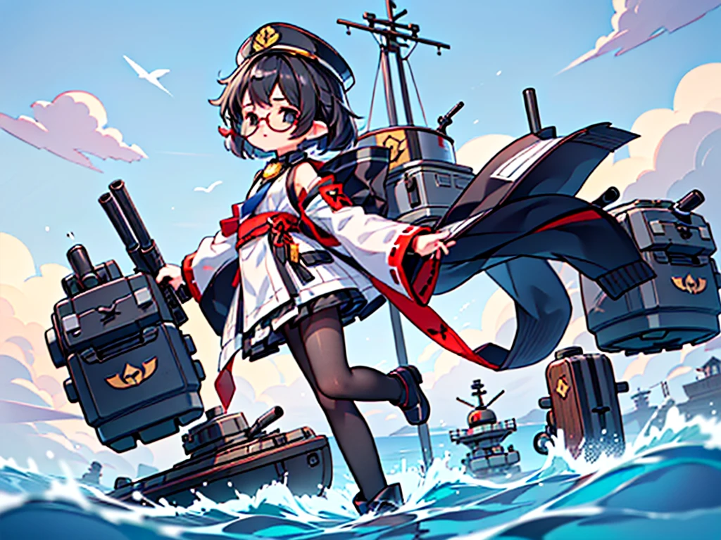 (((masterpiece, Vision))), ((((Full body of a woman with perfect flat chest、1 Female、solo、Short unkempt black hair、Tie your messy hair at the nape of your neck、white military jacket、Miko costume、black tights、Black glasses、White military cap、Cloudy black eyes、Confused eyes、Junyo-inspired emblem)))), (((Shipgirl))), ((Floating on the morning sea with both feet)), (Standing with your legs apart)), Aim, (Hold the shotgun turret grip with your right hand), (Four mechanical tentacles extending from its back each hold a turret), (Equipped with a bridge on the back), (His left arm holds the grip of a triple machine gun),