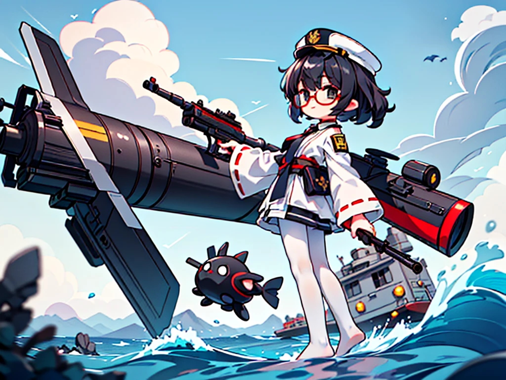 (((masterpiece, Vision))), ((((Full body of a woman with perfect flat chest、1 Female、solo、Short unkempt black hair、Tie your messy hair at the nape of your neck、white military jacket、Miko costume、black tights、Black glasses、White military cap、Cloudy black eyes、Confused eyes、Junyo-inspired emblem)))), (((Shipgirl))), ((Floating on the morning sea with both feet)), (Standing with your legs apart)), Aim, (Hold the shotgun turret grip with your right hand), (Four mechanical tentacles extending from its back each hold a turret), (Equipped with a bridge on the back), (His left arm holds the grip of a triple machine gun),
