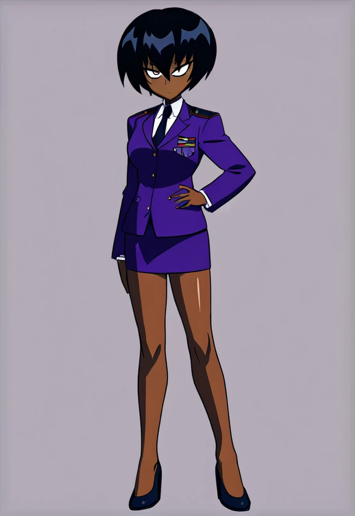 Make a evil military black anime woman in a purple skirt suit witha tie on full body 