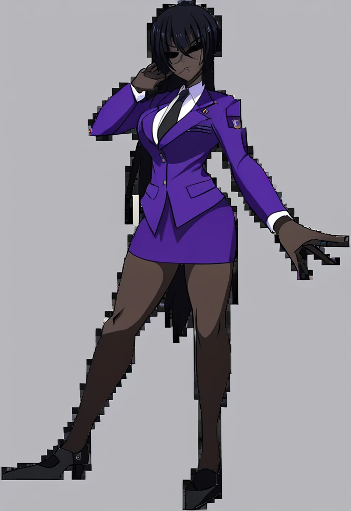 Make a evil military black anime woman in a purple skirt suit witha tie on full body 