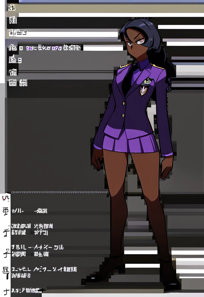 Make a evil military black anime woman in a purple skirt suit witha tie on full body