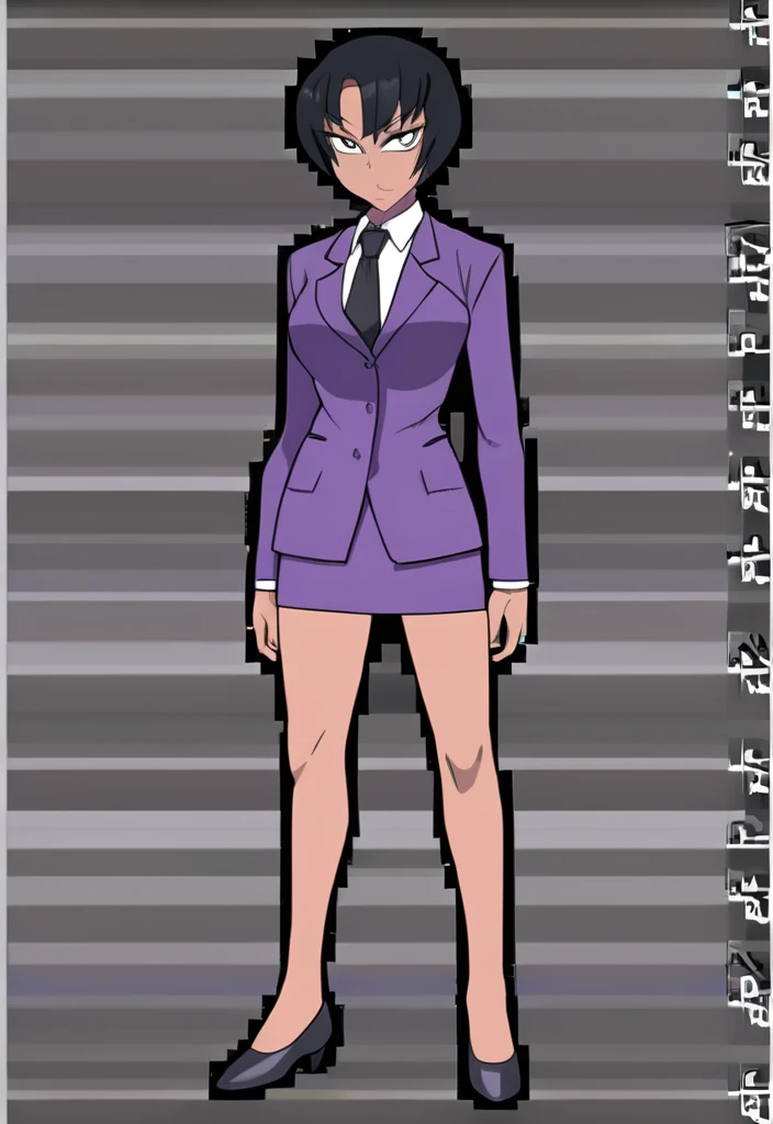 Make a evil military black anime woman in a purple skirt suit witha tie on full body