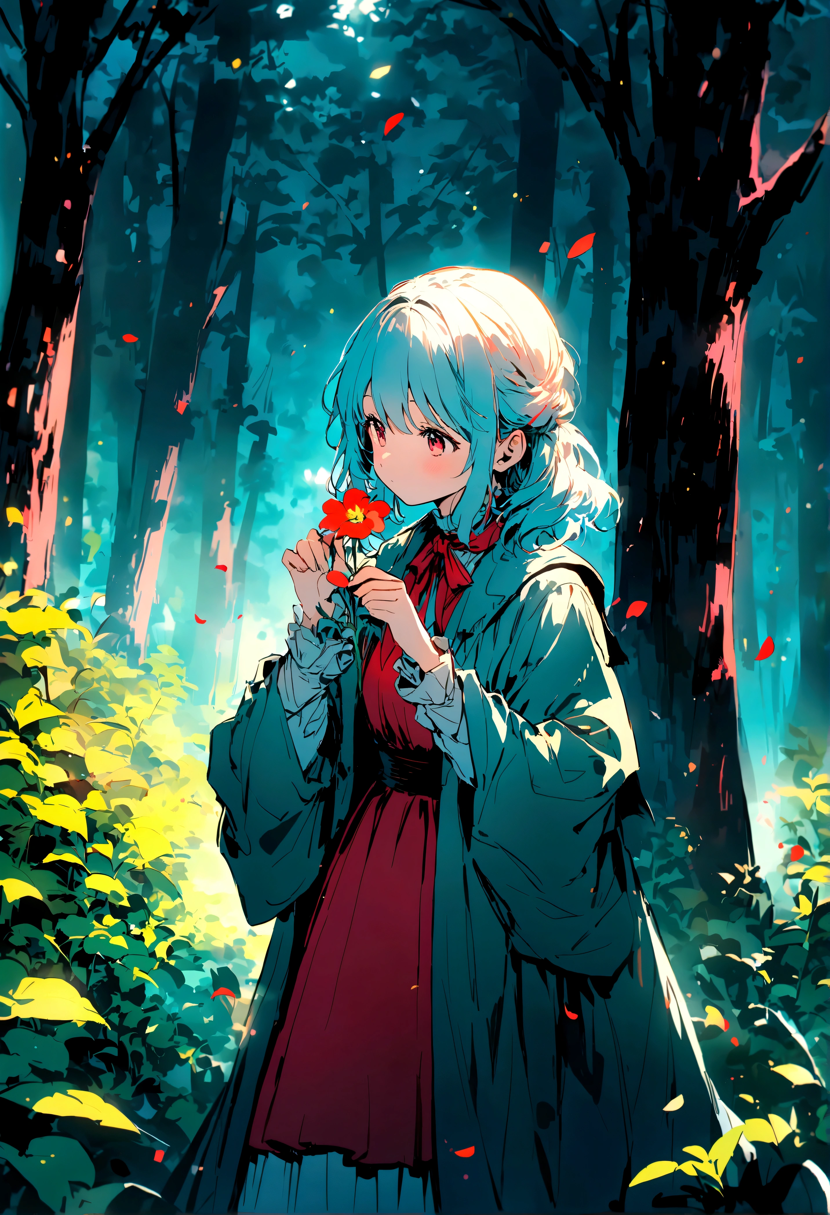 picking flowers, In the woods, ,Vibrant colors,Soft lighting