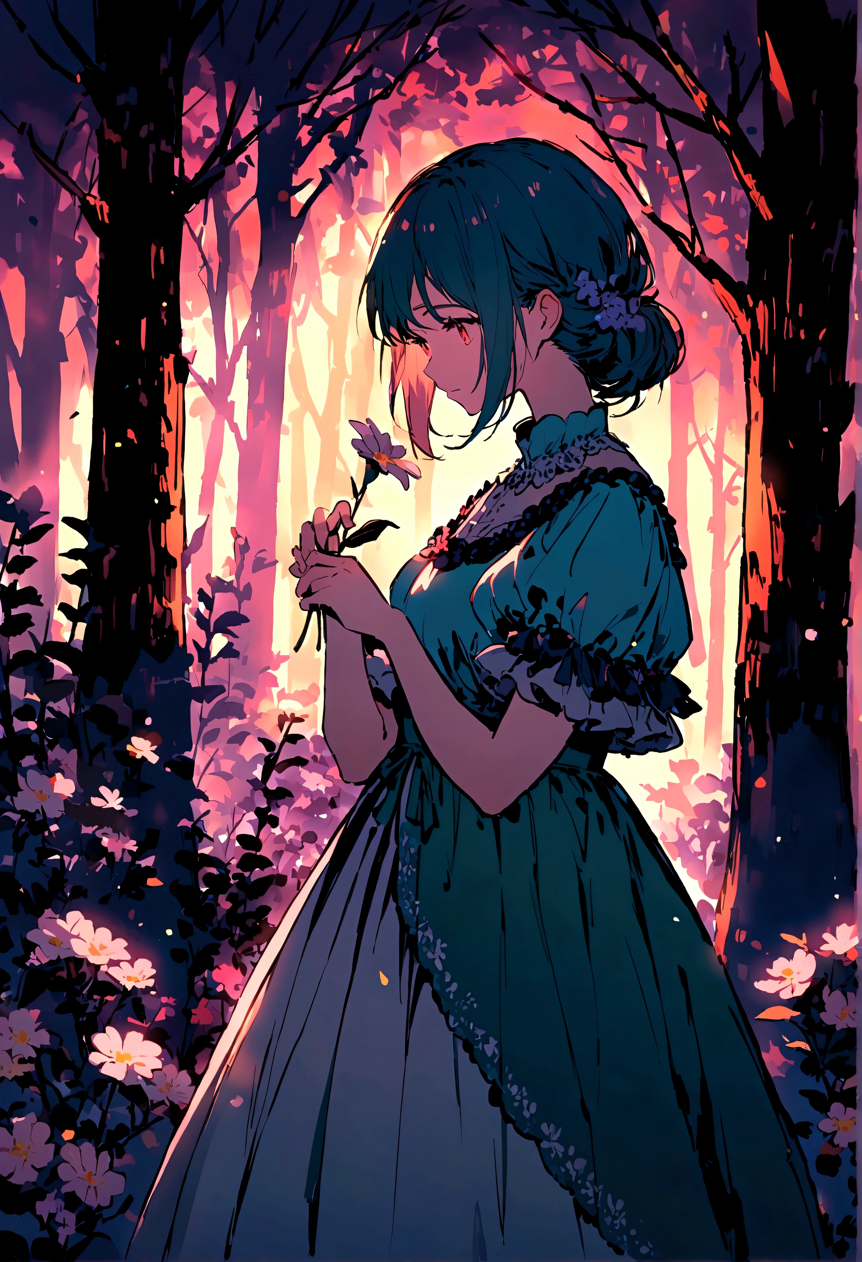 picking flowers, In the woods, ,Vibrant colors,Soft lighting