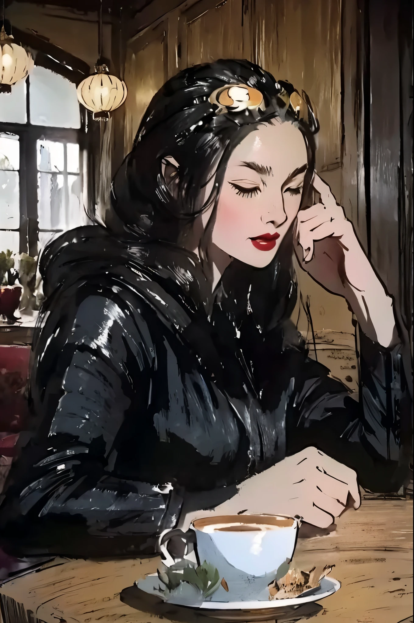 black and white tones:1.3, masterpiece, best quality, tradition chinese ink watercolor paintings:1.2, use thick and light inks to create light and dark changes and layers, a beautiful 20s russian model, ultra detailed face, eye closed
