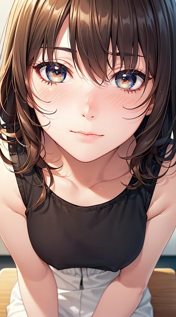 ((Tabletop, Highest quality, High resolution, Hmph, Pixel perfect, 4K, Hmph, Hmph))), One Girl, single, alone, Beauty、The whole body is visible、 ((Short Wavy Hair, bangs, Brown Hair)), ((Brown eyes, Beautiful eyelashes, Realistic eyes)), ((Detailed face, Blushing:1.2)), ((Smooth texture:0.75, Realistic texture:0.65, Realistic:1.1, Anime CG Style)), Medium chest, Dynamic Angle, Perfect body, (()), An empty classroom、Sit at a desk、Lower&#39;I took my feet off the desk...............................................、evening、、、Very embarrassing panic smile、(Spread your legs、Knees wide open、Floral lace panties)、、(Light blue lace bra)、Angle from below