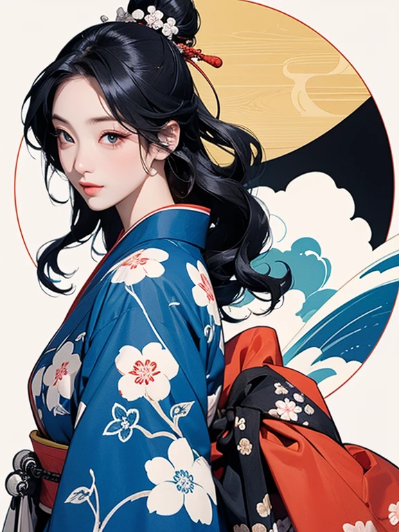 (Highest quality、masterpiece、High resolution、8K)、Ukiyo-e、Vibrant colors、Katsushika Hokusai、1 female、Black hair Japanese topknot、The kimono has a vivid floral pattern on a white background.、White waves and Mt. Fuji、White waves, the moon and a woman、Official Art、背景はUkiyo-e風