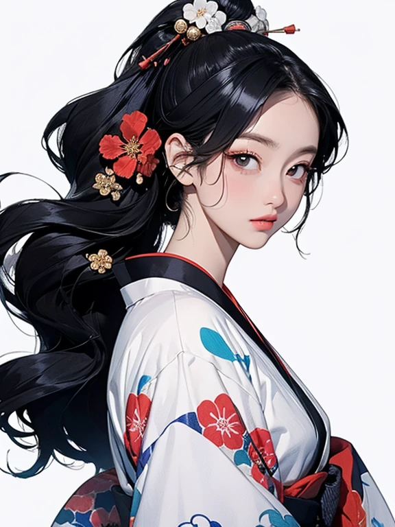 (Highest quality、masterpiece、High resolution、8K)、Ukiyo-e、Vibrant colors、Katsushika Hokusai、1 female、Black hair Japanese topknot、The kimono has a vivid floral pattern on a white background.、White waves and Mt. Fuji、White waves, the moon and a woman、Official Art、背景はUkiyo-e風