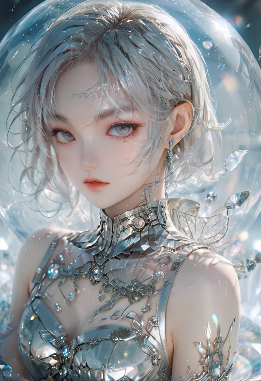 crystal covered, upper body, side shot, alternate color, masterpiece, detailed illustration, realistic, pixiv top quality, exquisite, {{{kawaii 1girl}}}, ultra beauties who fuse with machines, elaborate shabby chic pattern, glitter beautiful female, Half of my body is made of machines, transparent glass body, The machines inside the body are transparent, cinematic lighting, dynamic angle, dynamic pose, crystal world, depth of field