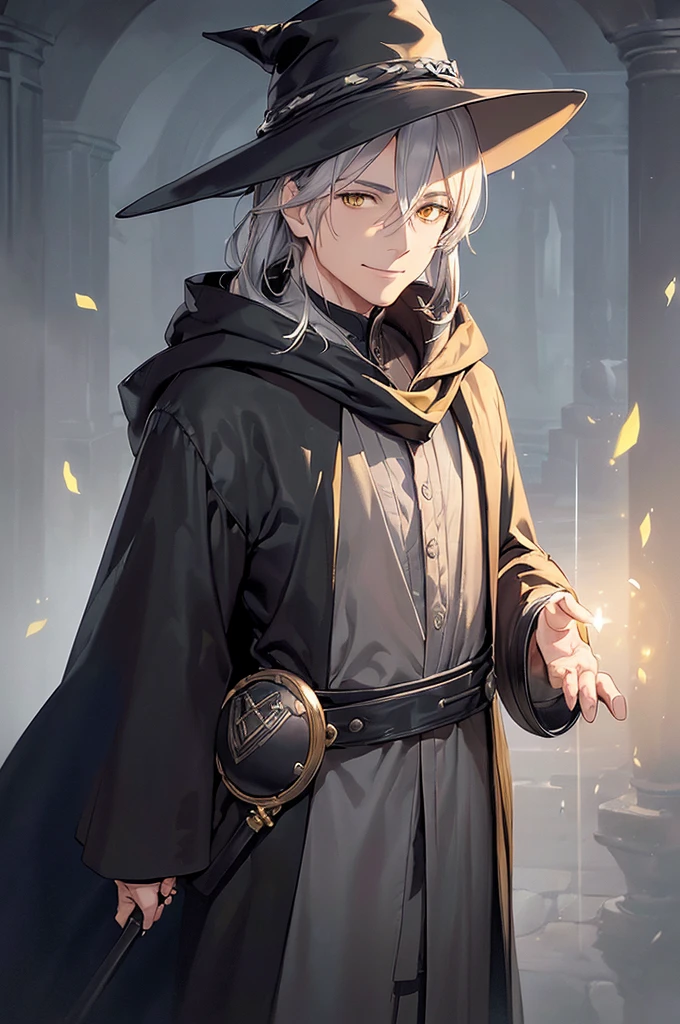(masterpiece; best quality: 1.2), (finely detailed eyes: 1.3), ((70-years-old man)), ((solo)), (yellow eyes: 1.4), (body; lean, old, mature: 1.3), (long gray hair: 1.3), (beautiful and clear background: 1.2), ((depth of field)), (equipment: traveler mage dark robe + dark pointed hat + dark cloak: 1.3), (anime illustration: 1.2), (background composition; palace garden exterior: 1.1), (extremely fine and handsome: 1.1), (shot composition; standing + centered on torso + close-up: 1.5), (expression; calm, smile: 1.2)