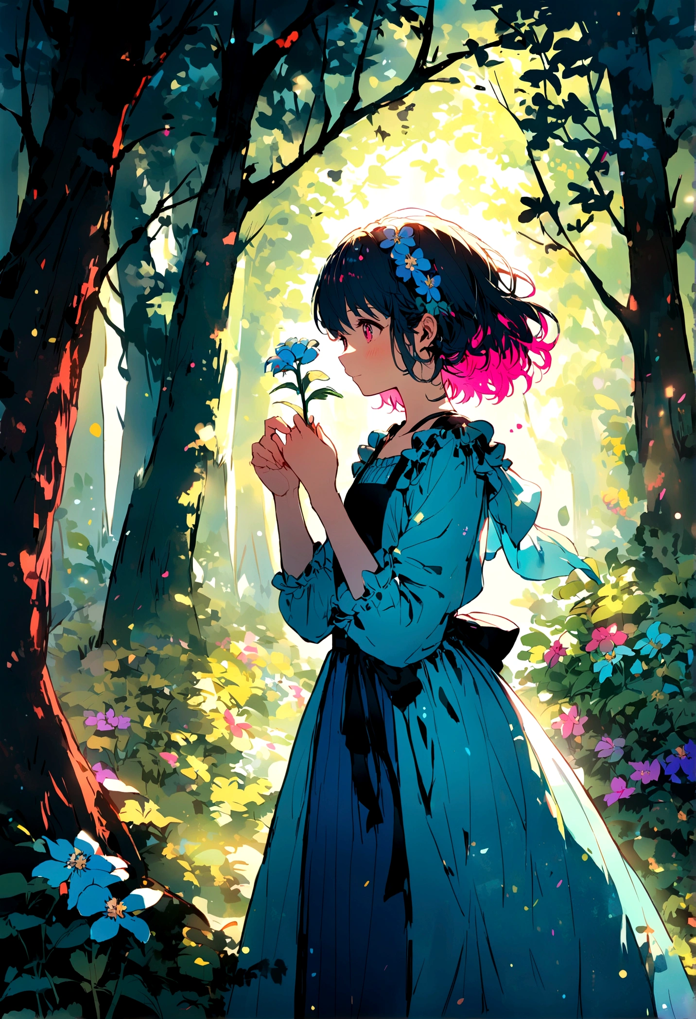 picking flowers, In the woods, ,Vibrant colors,Soft lighting