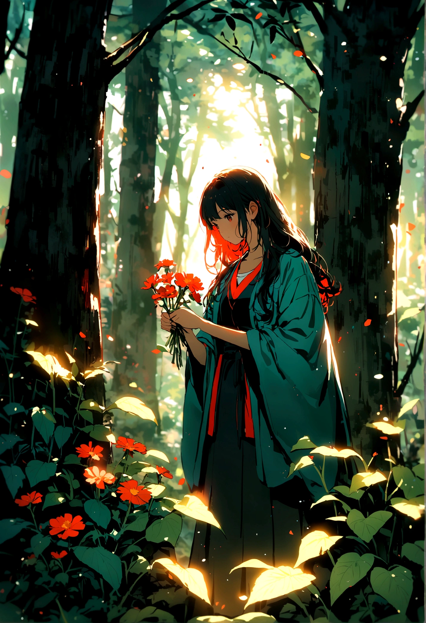 picking flowers, In the woods, ,Vibrant colors,Soft lighting