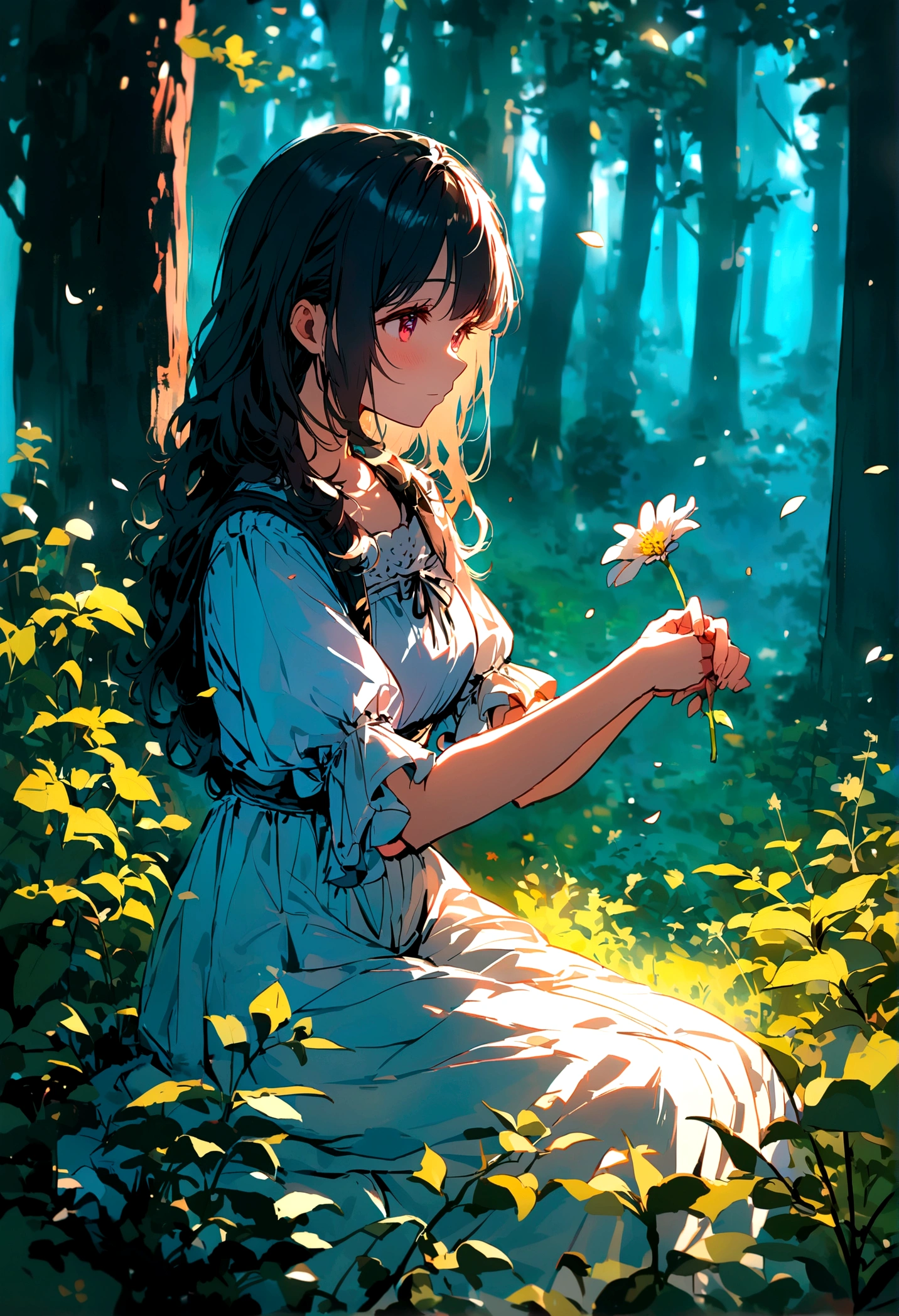 picking flowers, In the woods, ,Vibrant colors,Soft lighting