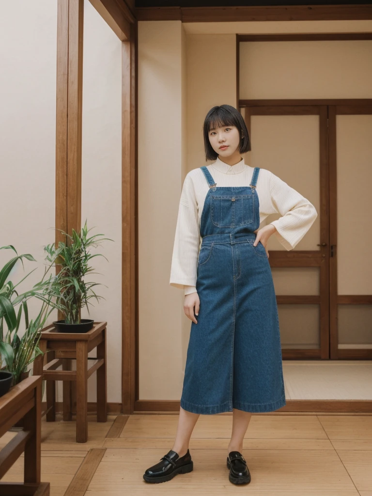 her name is Asako, high quality, 1girl, ((20-year-old fit Caucasian woman)), ((20 years old)), ((slim)), ((Korean Short Bob)), pose: standing, wearing trendsetting Generation-Z modern wear different colored, BACKGROUND: "Inside a traditional teahouse, experiencing a serene tea ceremony."