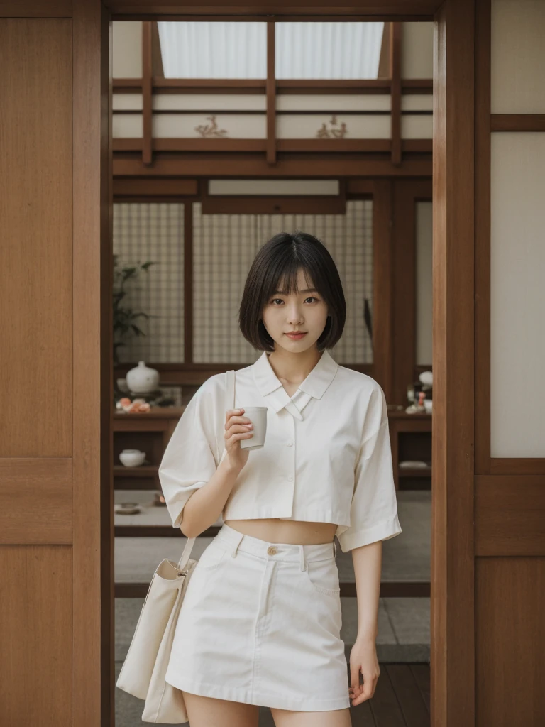 her name is Asako, high quality, 1girl, ((20-year-old fit Caucasian woman)), ((20 years old)), ((slim)), ((Korean Short Bob)), pose: standing, wearing trendsetting Generation-Z modern wear different colored, BACKGROUND: "Inside a traditional teahouse, experiencing a serene tea ceremony."