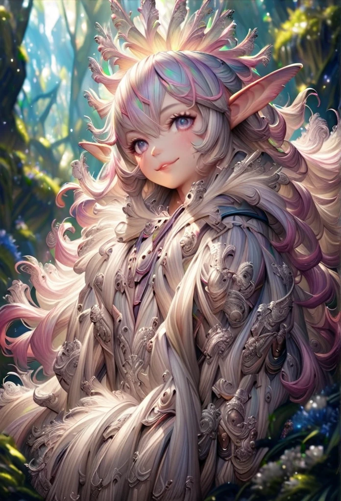 Hair between eyes, pink hair, short hair, curls, (pink eyeliner), thick eyelashes, white long sleeves with green patterns, long eyelashes, (hip armor), (hip wings), elf, layered shoulder armor, silver streaks on hair, enchanted forest, golden flowers, light smile, blue light particles, blue sky, (best quality), (ultra-detailed), (best illustration), (depth of field), (finely detailed:2.0)