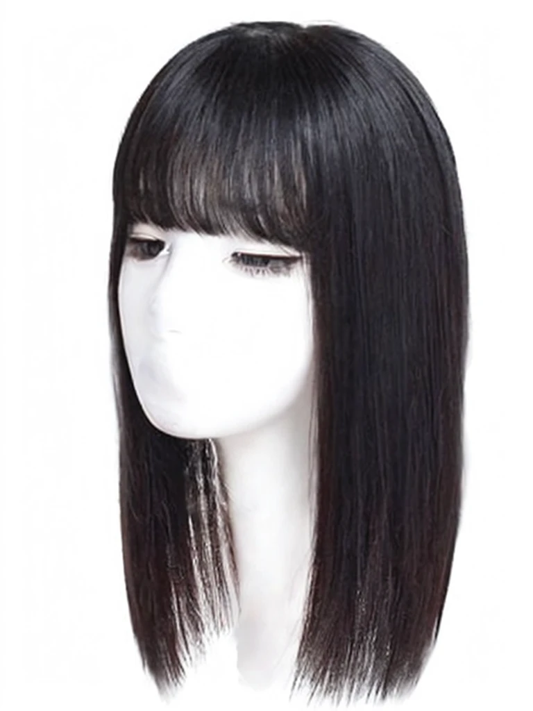 Black long straight hair looks natural，Pure white background