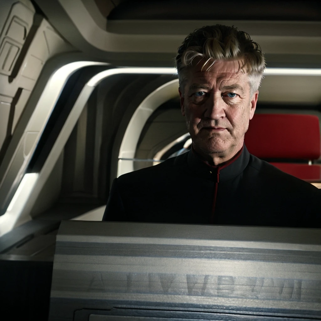 David lynch in red sttldunf uniform,on starship bridge, bright lighting, neutral expression